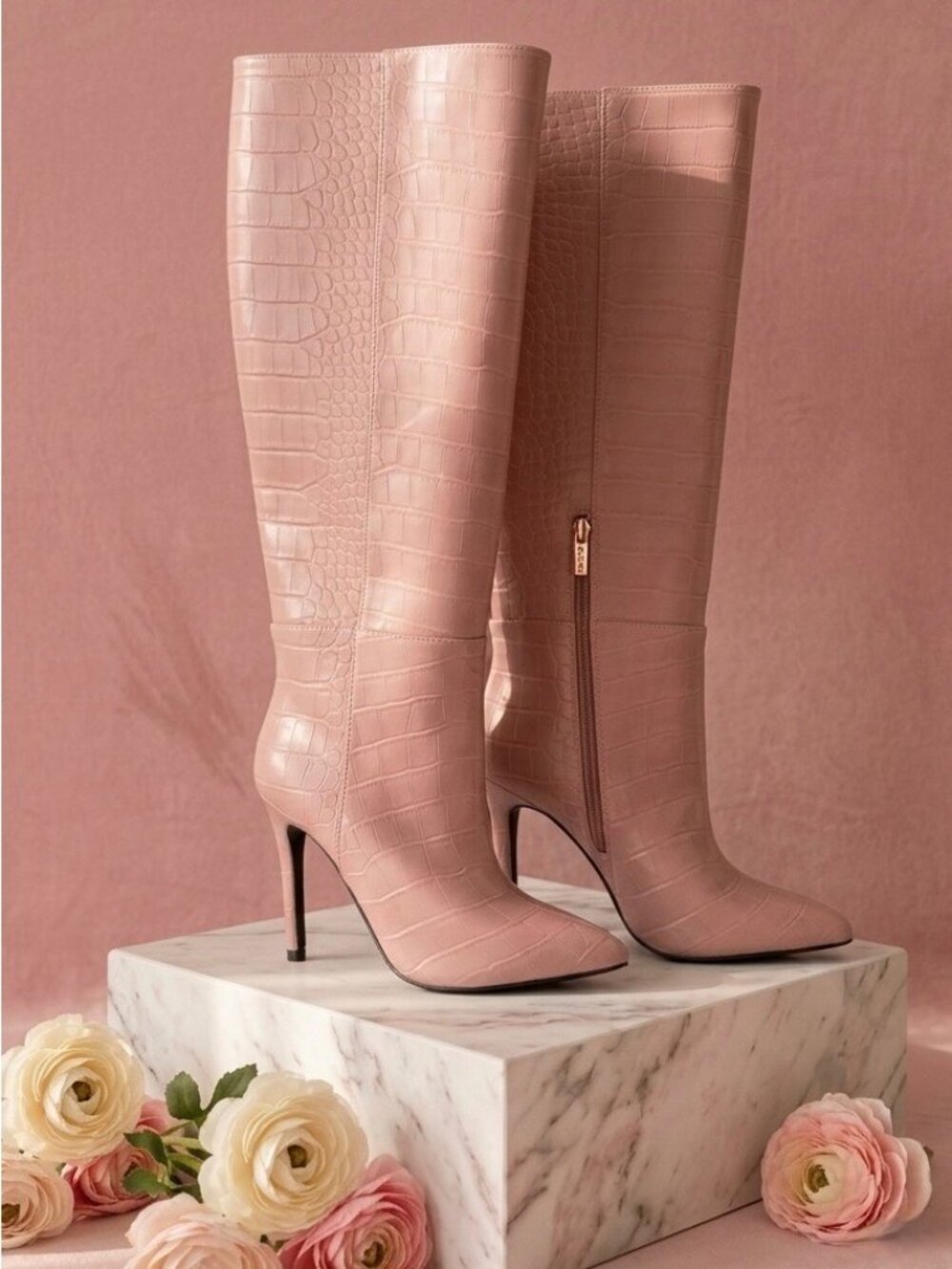 GUESS Pink Vegan Croc Embossed Pointed Toe Knee High Stiletto Boots 5 Y2K Glam